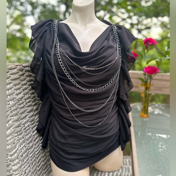 Designer Robert Rodrigues Chained Flutter Sleeve Sexy Draped Blouse - Picture 4 of 10